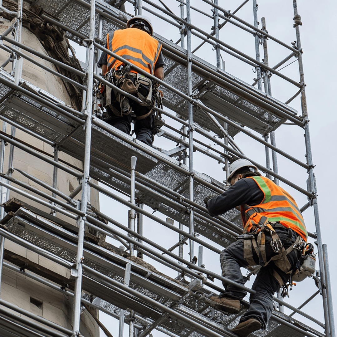 Estrutura de andaimes acompanhando a fachada de uma construção